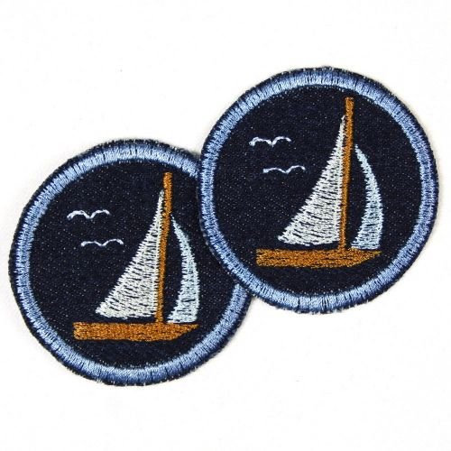2er Set trendige Applikation / Flicken Maritim Segelboot hellblau rund 5,0 cm