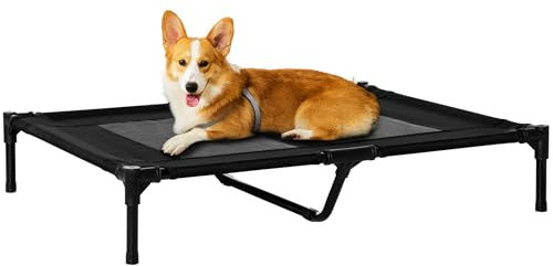 PawHut Lit sur Pieds lit pour Chien Chat lit de Camp lit surélevé Animaux Grand Confort Tissu Oxford textilène Micro-perforé métal 92L x 76l x 18H cm Noir