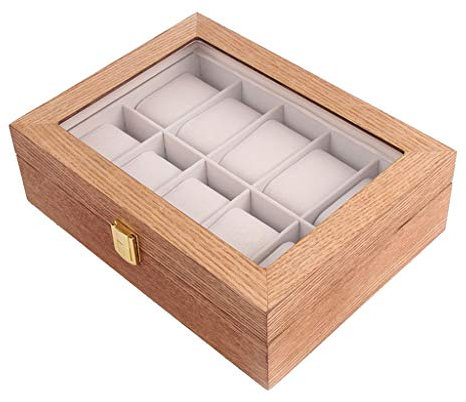 Bonarty Uhrenkoffer für 10 Uhren, Holz Uhrenbox Uhrenkasten Uhrenvitrine Uhrentruhe Uhrenschatulle Schmuckkästchen mit Glasfenster und Samt Futter - Hellbraun