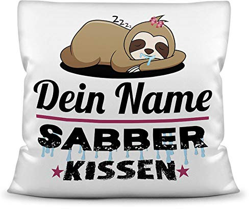 PR Print Royal Kissen inkl. Füllung Faultier PERSONALISIERT mit Wunschname für Sie - Ihr Name Sabberkissen - Kuschelkissen/Lustige Geschenkidee für Frauen/Freundin/Geburtstag - Kissen Weiß