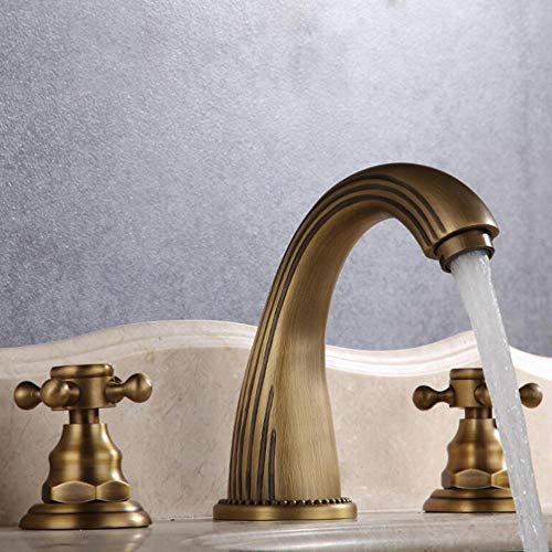 Robinet Lavabo 3 Trous Laiton Antique Type Fendu Chaud et Froid Double Poignée Robinet de Salle de Bain-B