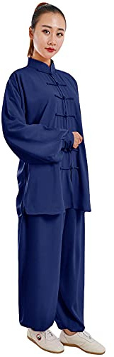 ZooBoo Traje unisex de mezcla de algodón de manga larga/corta, traje de Tai Chi, uniforme de ejercicio matutino, ropa de Kung Fu, Azul Marino-manga larga, XX-Large