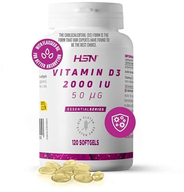 HSN Vitamina D3 2000 UI (50mcg) | 120 Perlas | Vitamina D Colecalciferol | Softgels con Aceite de Lino para Mayor Absorción | No-GMO, Sin Gluten ni Lactosa