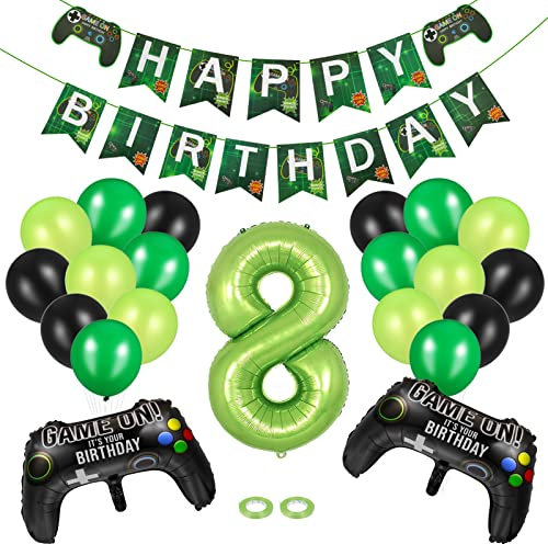 24Pcs Video Game Birthday Party Decorations for Boys, 8th Gaming Controller Balloons with HAPPY BIRTHDAY Banner Number 8 Foil Balloon Game Theme Party Supplies