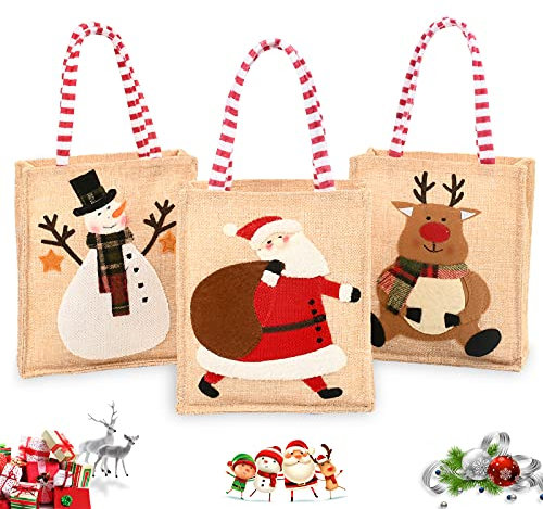 3 Weihnachtstaschen Stoff, Säckchen, Stoffbeutel Mit Griff - Weihnachtsmann, Schneemann, Elch - Für Verpacken Von Süßigkeiten, Pralinen