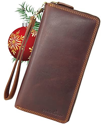 Golden Deer XL Geldbörse Frauen RFID Schutz Hochwertige Portemonnaie Leder Geldtasche Fach für Kleingeld mit Reißverschluss bis zu 15 Kartenfächer kleine Handtasche Geschenkbox Braun