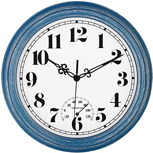 30,5 cm wasserdichte Wanduhr für den Innen- und Außenbereich, leicht zu lesen, kein Ticken, hochwertige Quarzuhr, Dekoration für Terrasse, Veranda, Pool, Badezimmer, Terrasse (Blau)