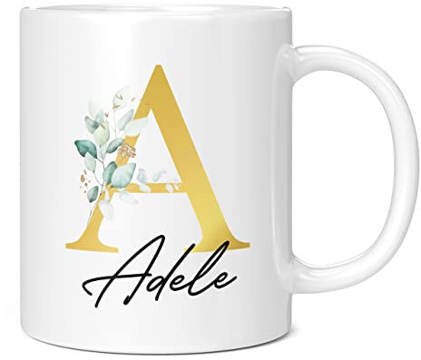 Tasse à café en céramique avec initiale et nom, cadeau personnalisé, effet doré, lettre imprimée, non métallique – Tasse à café en céramique pour homme ou femme, grande tasse géante, tasse blanche de