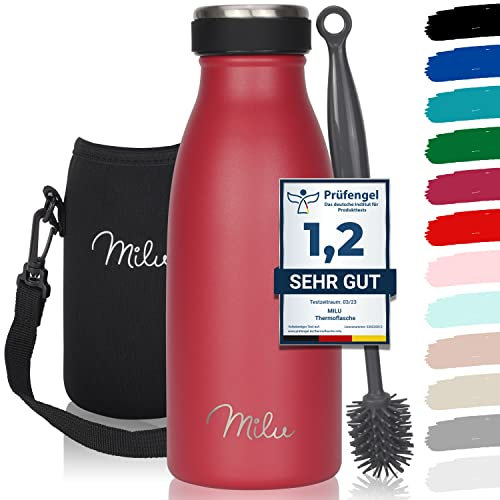Milu - Botella de acero inoxidable, 350, 500, 750 ml, 1 l, 1,5 l, termo a prueba de fugas, doble pared, apto para bebidas con gas, para niños y adultos, incluye cepillo de limpieza, rojo, 350 ml