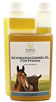 Schwarzkümmelöl für Pferde | 1 Liter Dosierflasche | frisch gepresst ohne künstliche Zusätze | mit Öko-Strom in Niedersachsen hergestellt, direkt von der Ölmühle Godenstedt
