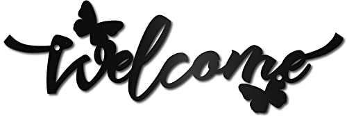CREATCABIN Welcome Flower Metal Sign Wall Art Decor Rustic Letter Signs Black Hanging Word Sign Decoration for Front Door Home Entry Indoor Outdoor Living Room Aesthetic Bedroom 3.9 x 11.8 Inch