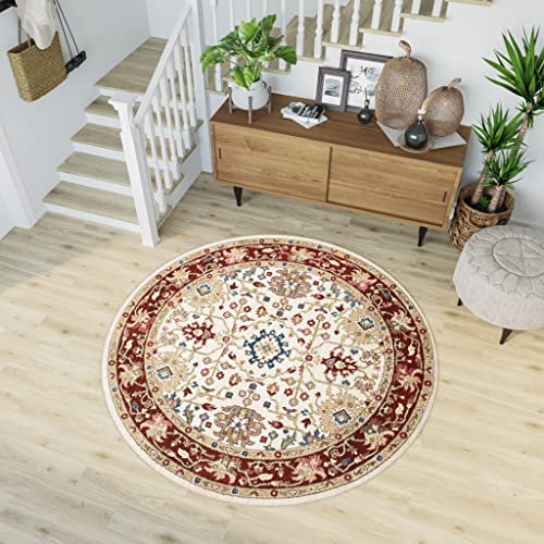 TAPISO Rivoli Rund Teppich Kurzflor Traditioneller Teppich Creme Rot Klassisch Rahmen Blumen Ornament Wohnzimmer Schlafzimmer Moder Design ÖKOTEX 170 x 170 cm