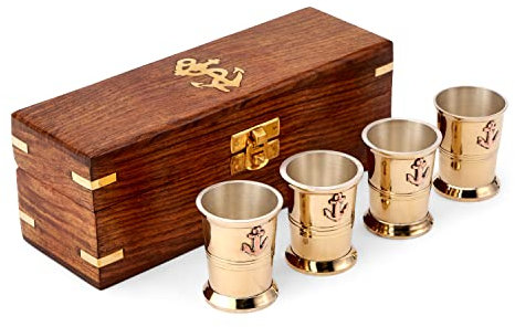 NKlaus Maritim 4 cl latón vasos plateados en el interior en caja de madera Ron vaso 11709