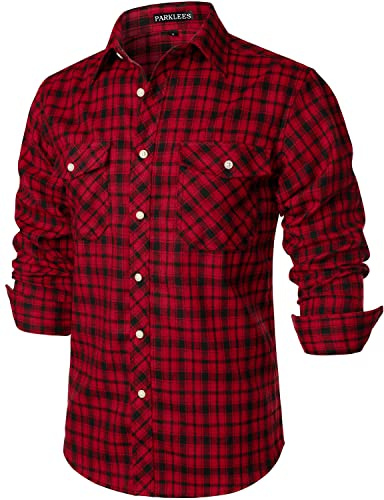PARKLEES Chemise décontractée pour homme - Coupe droite - Boutonnée - Carreaux - En flanelle - Avec poches