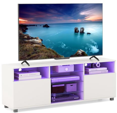GYMAX TV-Schrank mit LED Beleuchtung TV Lowboard für Fernseher bis zu 65 Zoll TV-Kommode mit 2 Türen & 3 Glasböden Fernsehtisch Fernsehschrank 146 x 35 x 53 cm Weiß