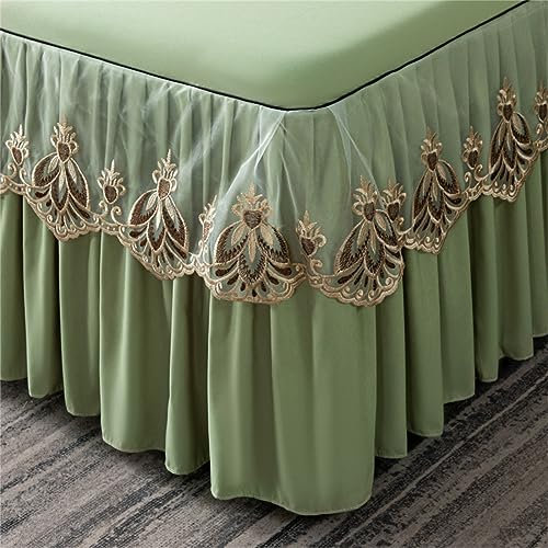 Odot Bettrock Rüschen, Vintage Stil Spitze Design Solide Farbe Spannbettlaken mit Volant Elastische Bettvolants Matratzenschoner Spannbetttücher Spannbetttuch Bettlaken (200x220cm,Grün)