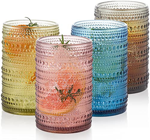 POLIDREAM Drinking Glasses Set of 4 Vintage Whiskey Glasses 15.2oz Hobnail Cocktail Glasses Multicolor Embossed Glass Tumblers Water Glasses for Beer Juice Whiskey Cocktail Milk