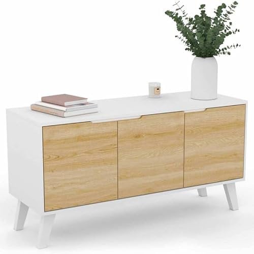 IDMarket - Buffet Bas scandinave 113 cm FINN Blanc 3 Portes façon hêtre