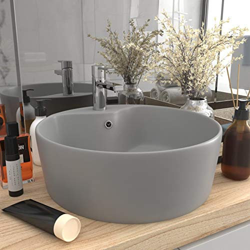 BaraSh Luxus-Waschbecken mit Überlauf Matt Hellgrau 36x13 cm Keramik Eckwaschbecken