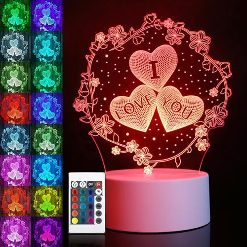 NAVESO 3D Illusion Lampe, Ich Liebe Dich Geschenke für Frauen Männer, Valentinstag Deko Led Nachtlicht Herz 16 Farben, Love 3D Nachtlicht Herz mit Fernbedienung Oder Touch
