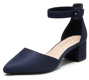 DREAM PAIRS Women's Classic Pointed Toe Pumps with Ankle Strap, Navy Blue Suede, 8.5 UK