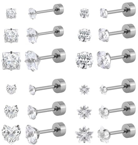 12 Pairs Surgical Stainless Steel Screw back Stud Earrings, Gold Black Flat Back Star Heart Square Princess Cut Round Cubic Zirconia Stud Earrings Set (Silver flatback)