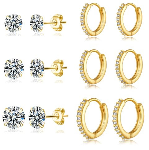 LOUMILEO Creolen Gold 14 Karat Gold Ohrstecker für Damen Kleine Ohrringe Gold Ohrstecker mit Zirkonia Hypoallergen Huggie Creolen Set für mehrere Piercings 6 Paar