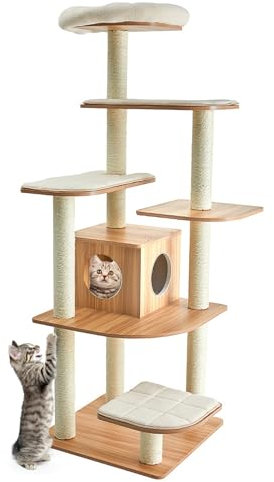 SOARS Árbol para Gatos de Madera de XXL 175 CM, Árbol Estable de Madera para Gatos, Rascador para Gatos con 6 Plataformas, Casa para Gatos y Postes de Sisal, Cojines Cómodos, 59×49×140CM (Natural)