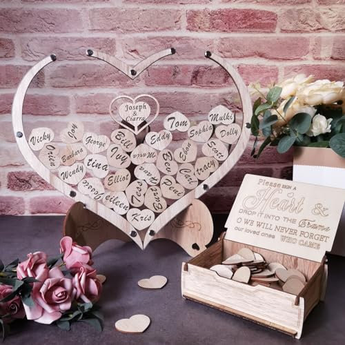 JokLGrs Herz Hochzeit Gästebuch Alternative, Holz Gästebuch Hochzeitsempfang mit 80 Holzherzen und Dropbox, rustikales Hochzeitsschild Dekor für Empfang und Zeremonie Party