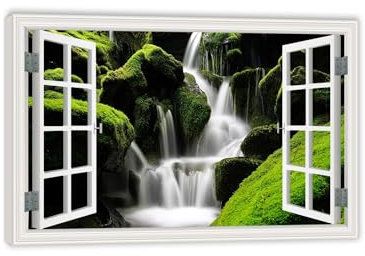 MOBYAT Leinwandbild mit Fensterblick,Bild Fenster mit Ausblick,Grüne Moos-Wasserfall-Landschaft,Landschaftsbilder auf Leinwand,Wandbilder Wohnzimmer Modern70x105cm(28x41in) Innenrahmen