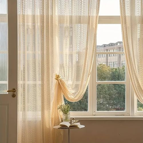 Beydodo Gardinenschals 2er Set mit Schlaufen, Vorhänge Halbtransparent Spitze mit Blumen Motiv Boho 107x183CM Gardinen Polyester Beige Lichtdurchlässig Schiebevorhänge Wohnzimmer Schlafzimmer