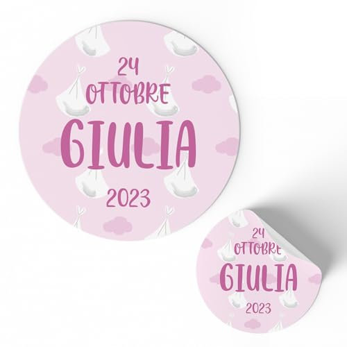 FERDINANDO FAMA' 175 pezzi Etichette adesive personalizzate per Nascita e Battesimo, adesivi personalizzati con nome per bomboniere e inviti, adesivo per bomboniere pz 175 (cicogna nascita bimba)