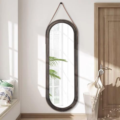 AAZZKANG Retro-Spiegel, Ganzkörperspiegel, Holzrahmen, mit Lederband, 110 x 35 cm, oval, großer Spiegel für Schlafzimmer, Wohnzimmer, Eingangsbereich