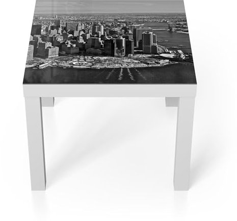 DEQORI Glastisch | weiß klein 55x55 cm | Motiv New Yorker Schatten | ausgefallener Beistelltisch aus Glas | Hochglanz Couchtisch fürs Wohnzimmer | moderner Couch Tisch mit Design