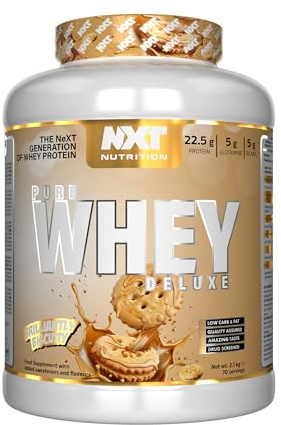 NXT Nutrition Pure Whey Deluxe 2.1kg | Whey Protein | Muscle Growth and Recovery | 70 Servings | 5g Glutamine | 5g BCAA | Brilliantly Biscuity