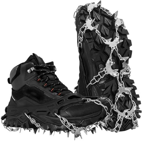 HOSLAFON Steigeisen für Schuhe, 32 Spikes, EIS- und Schneegriffe, Edelstahl-Traktionsstollen zum Gehen, Joggen, Klettern und Wandern