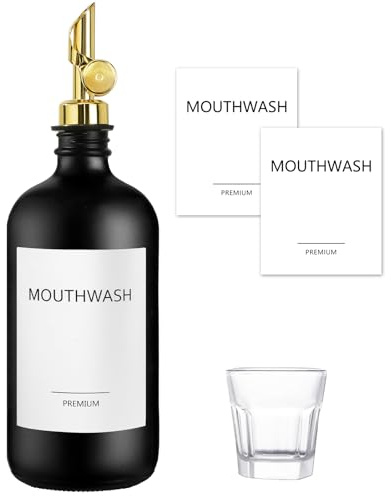TOLDATLI Mouthwash Dispenser for Bathroom, 1 Pack Black Glass Mouth Wash Container with Cup, 16 fl oz Mouthwash Decanter Bottle Set, Refillable Mouthwash Pump Dispenser