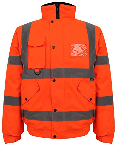 Mens HI Vis Bomber Jacket Workwear High Visibility Safety Security Waterproof Jacket With Concealed Hood Reflective Tape Warm Winter Two Tone Hi Viz Jackets Coat Plus Size S-5XL (Orange, 5XL)
