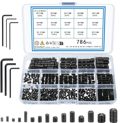 TOP-VIGOR 786Pcs Grub Screw Assortment Set, M2.5/M3/M4/M5/M6/M8 Hex Socket Head Set Screws(Cup Point), Threaded Fasteners for Door Handle, Faucet, Light Fixture Home Repairs, Fixtures