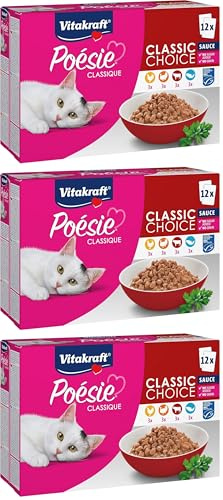 Vitakraft Poésie Classique - Repas en sauce pour chat - Assortiment de viandes et de poissons : Poulet, Dinde, Bœuf et Saumon labellisé MSC - Recette sans sucre ni céréales ajoutés (12 sachets de 85g)