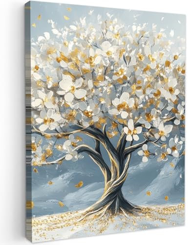 MuchoWow© Impression sur Toile Cadeau Noel Photo Peinture 60x80 cm Tableau Decoration Murale Chambre Salon Maison Deco Cuisine Arbre - Hiver - Arbre de vie - Moderne - Or