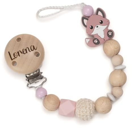 AngelicArt Nuckelkette mit Gravur Namen für Jungs und Mädchen - große Farbauswahl - Geschenk für Baby (Fuchs, blush)