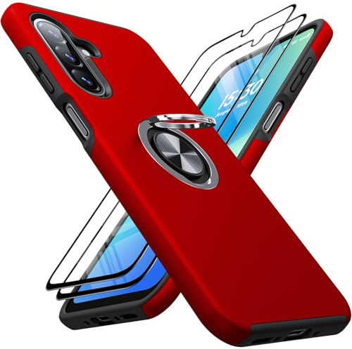AOUIA für Samsung Galaxy A26 Hülle mit 2 Stück Panzerglas, Militärschutz Stoßfester Schutz Samsung A26 5G Hülle mit 360° Magnetischer Ring Kickstand für Samsung A26 Handyhülle, Rot