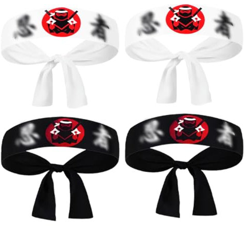 YAPKOLV 4 Stück Ninja Stirnband, Party Zubehör, Kinder Geburtstagsdeko & Gastgeschenke (2 schwarz + 2 weiß)