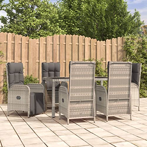 IKAYAA Rattan Essgruppe 6 Personen Gartenmöbel Essgruppe mit Verstellbare Hochlehner Stühlen Garten Sitzgruppe Grau Rattan Gartenmöbel Set mit Auflagen Sitzgarnitur mit 150 cm Tisch
