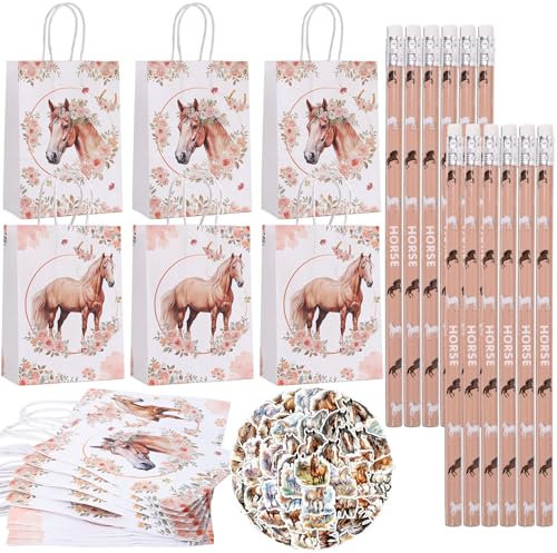 Fizdoqg Pferde Mitgebsel Kindergeburtstag Set Give Aways Pferdegeburtstag Gastgeschenke 12 Pferd Bleistifte, 12 Pferde Geschenktüten und 50 Pferde Sticker für Kinder Jungen Mädchen