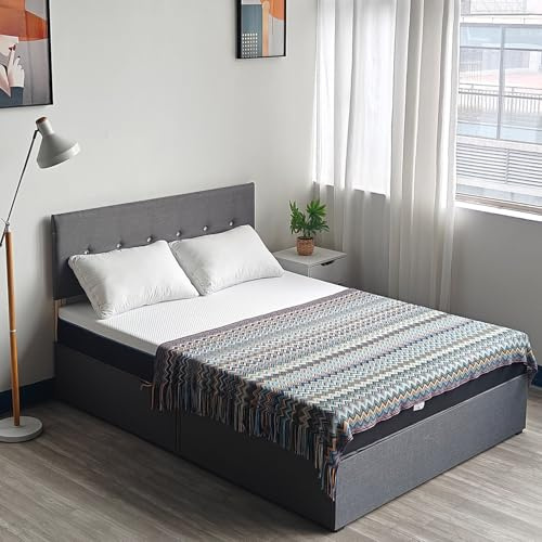 Panana Linen Fabric Bed Frame with 2 Drawers Storage and Adjustable Height Headboard, No Mattress (Crystals Grey, 4FT Small Double)