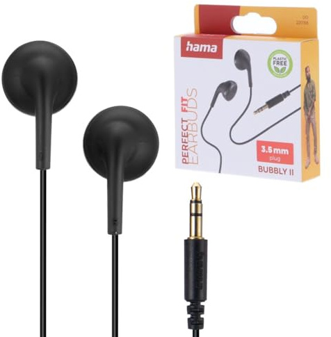 Hama Bubbly II Earbuds, In-Ear Kopfhörer, kabelgebunden, Stereo, leichte Ohrhörer für Musik, Smartphone, angenehmer Sitz, Schwarz
