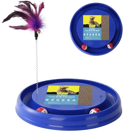 JOPOY Interactive Cat Scratcher with 2 Self-Rotating Balls and 1 Kitten Interactive Toy,Durable Scratch Pad for Indoor Play,Eco-Friendly Grey Sisal,2-in-1 Cat Toy (Blue)