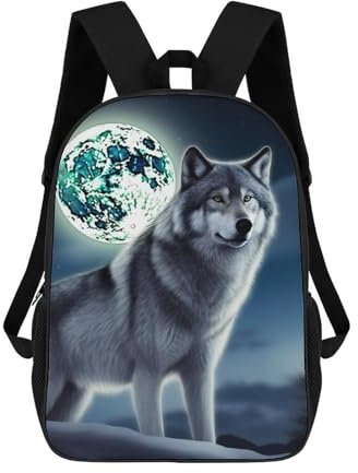 TKJMCSW Wolf Under Moon Rucksack für Damen und Herren, 43,2 cm (17 Zoll), Laptop-Rucksack, lässiger Tagesrucksack, Handgepäck-Rucksack, wasserdicht, schwarz, Büchertasche, Arbeit, Reisen